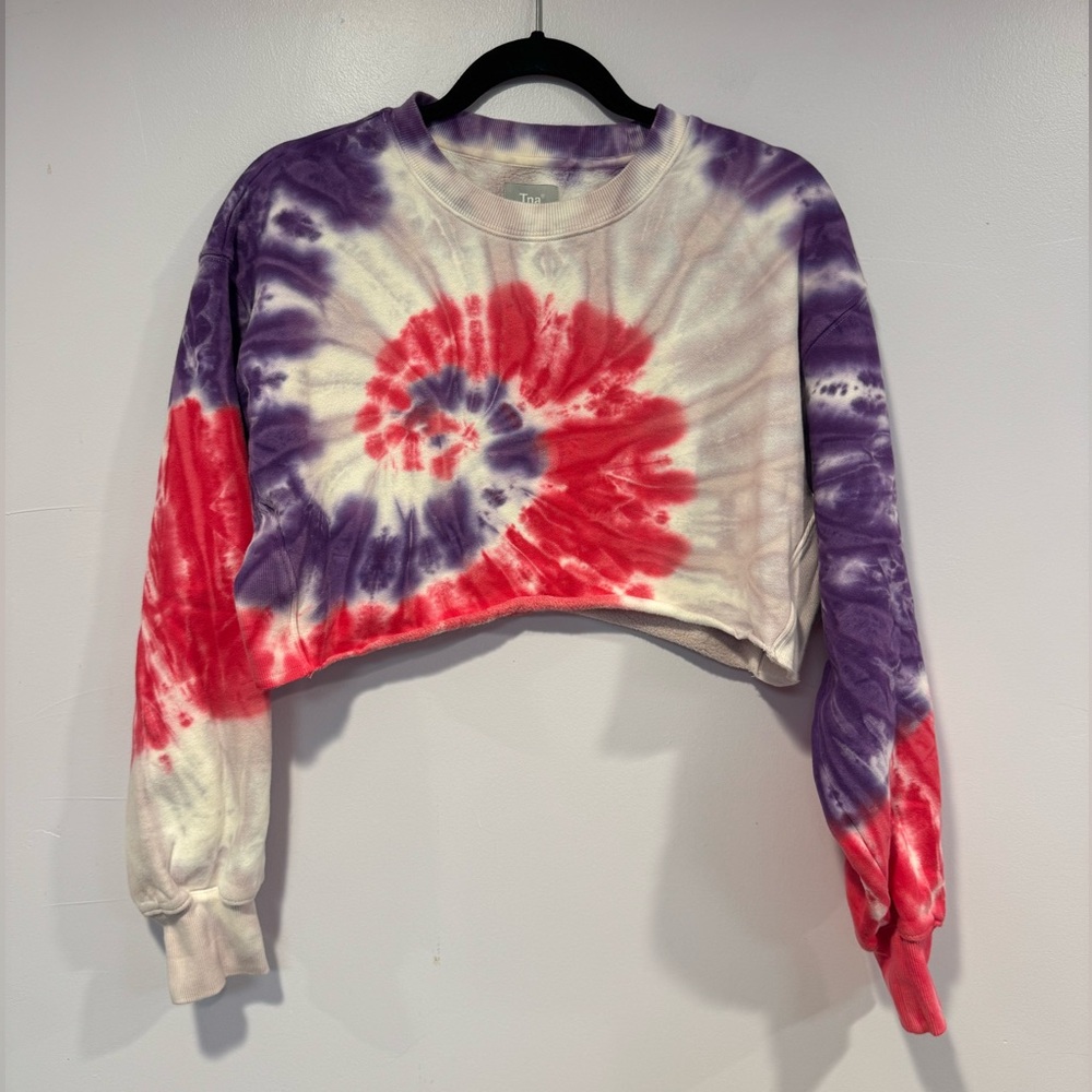 TNA CozyAF Fleece Purple Red Tie Dye Cropped Sweatshirt Medium